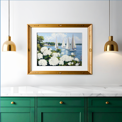Nantucket Harbor Sailboat Art White Hydrangea Coastal Wall Art Nantucket Harbor Artwork