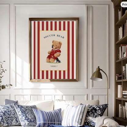 Vintage Striped Bear Artwork Soccer Bear Wall Decor