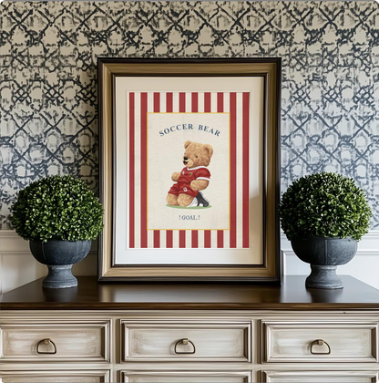 Vintage Striped Bear Artwork Soccer Bear Wall Decor