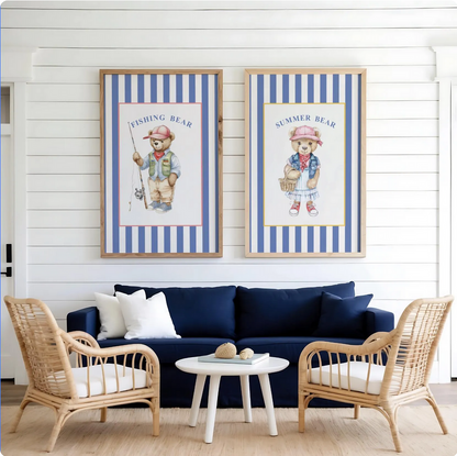 Golf Bear Artwork on Striped Wallpaper Background