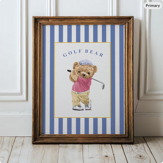 Golf Bear Artwork on Striped Wallpaper Background