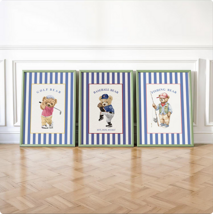Golf Bear Artwork on Striped Wallpaper Background