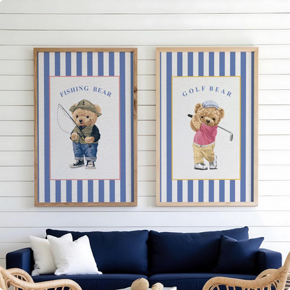 Golf Bear Artwork on Striped Wallpaper Background