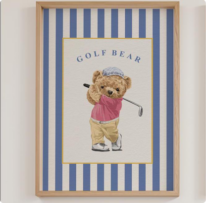 Golf Bear Artwork on Striped Wallpaper Background