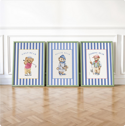 Golf Bear Artwork on Striped Wallpaper Background
