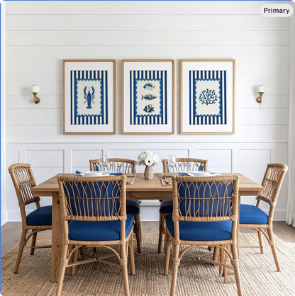 Lobster, Sardines & Coral Wall Art. Gallery Print Set of 3 - Indigo Blue