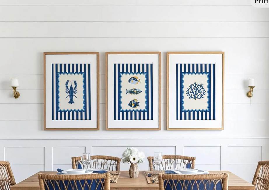 Lobster, Sardines & Coral Wall Art. Gallery Print Set of 3 - Indigo Blue