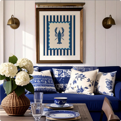 Lobster, Sardines & Coral Wall Art. Gallery Print Set of 3 - Indigo Blue