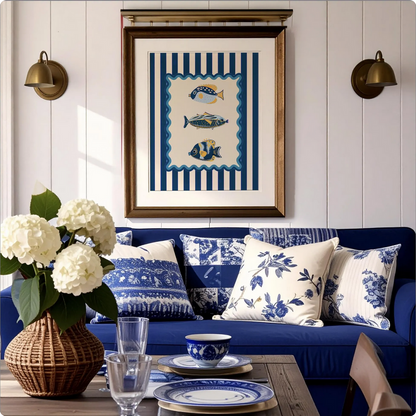 Lobster, Sardines & Coral Wall Art. Gallery Print Set of 3 - Indigo Blue