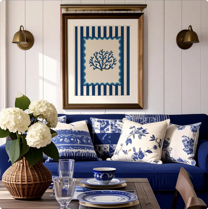 Lobster, Sardines & Coral Wall Art. Gallery Print Set of 3 - Indigo Blue