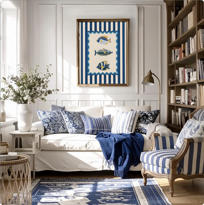 Lobster, Sardines & Coral Wall Art. Gallery Print Set of 3 - Indigo Blue