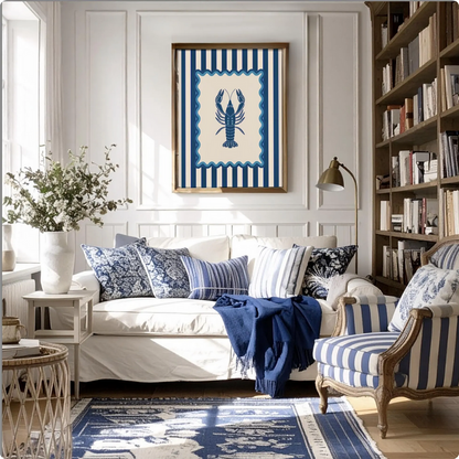 Lobster, Sardines & Coral Wall Art. Gallery Print Set of 3 - Indigo Blue