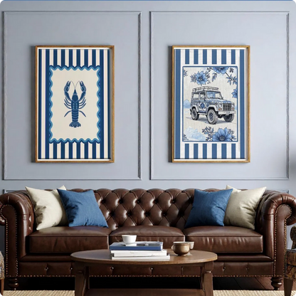 Lobster, Sardines & Coral Wall Art. Gallery Print Set of 3 - Indigo Blue