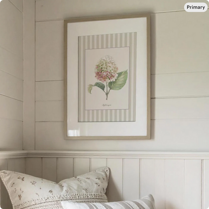 Hydrangea Watercolor Print on Striped Background