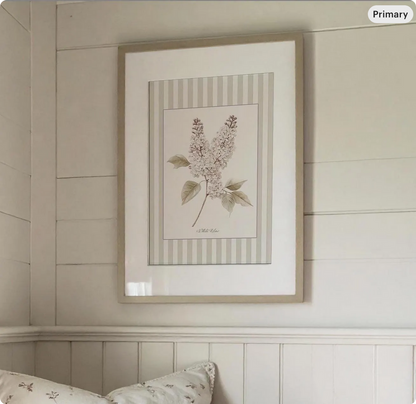 White Lilac Watercolor Print on Striped Background