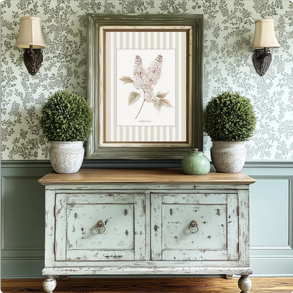White Lilac Watercolor Print on Striped Background