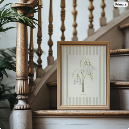 Snowdrops Watercolor Print on Striped Background