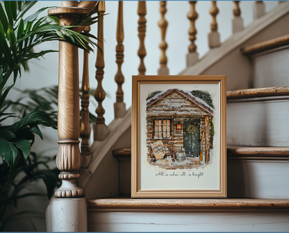 Alpine Cottage Holiday Art, Snowy Christmas Cottage Illustration