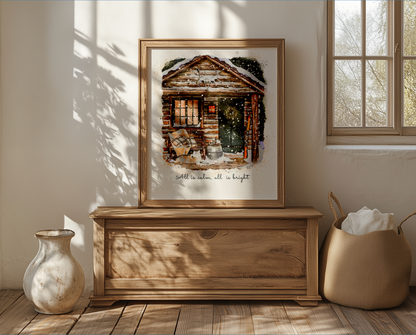 Alpine Cottage Holiday Art, Snowy Christmas Cottage Illustration