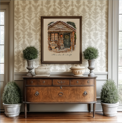 Alpine Cottage Holiday Art, Snowy Christmas Cottage Illustration