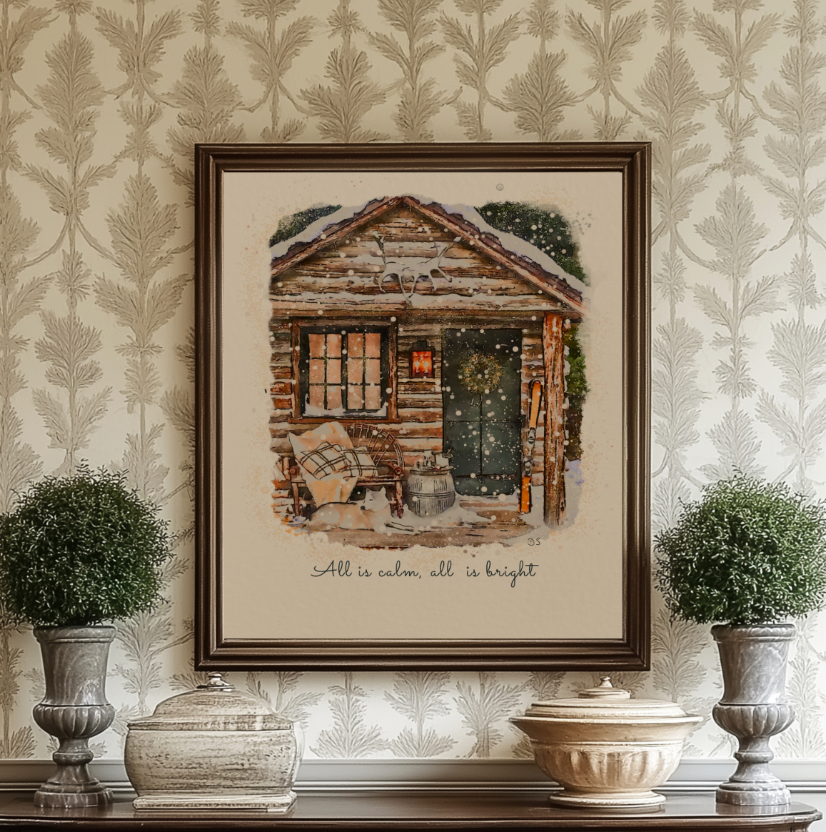 Alpine Cottage Holiday Art, Snowy Christmas Cottage Illustration