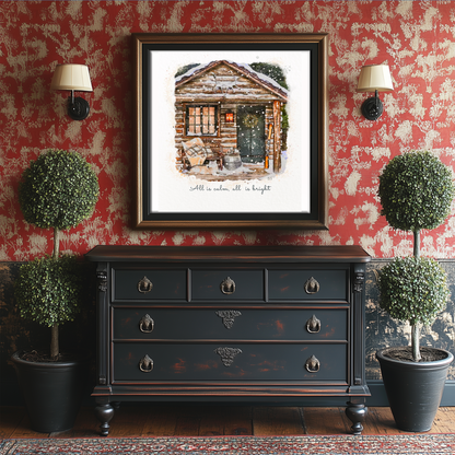 Alpine Cottage Holiday Art, Snowy Christmas Cottage Illustration