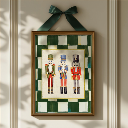 Nutcracker Holiday Print, Christmas Art, Three Kings Nutcracker Artwork, Holiday Wall Art , Green Check