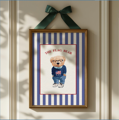 Vintage Flag Bear Wall Art, Watercolor Preppy Teddy Bear Illustration