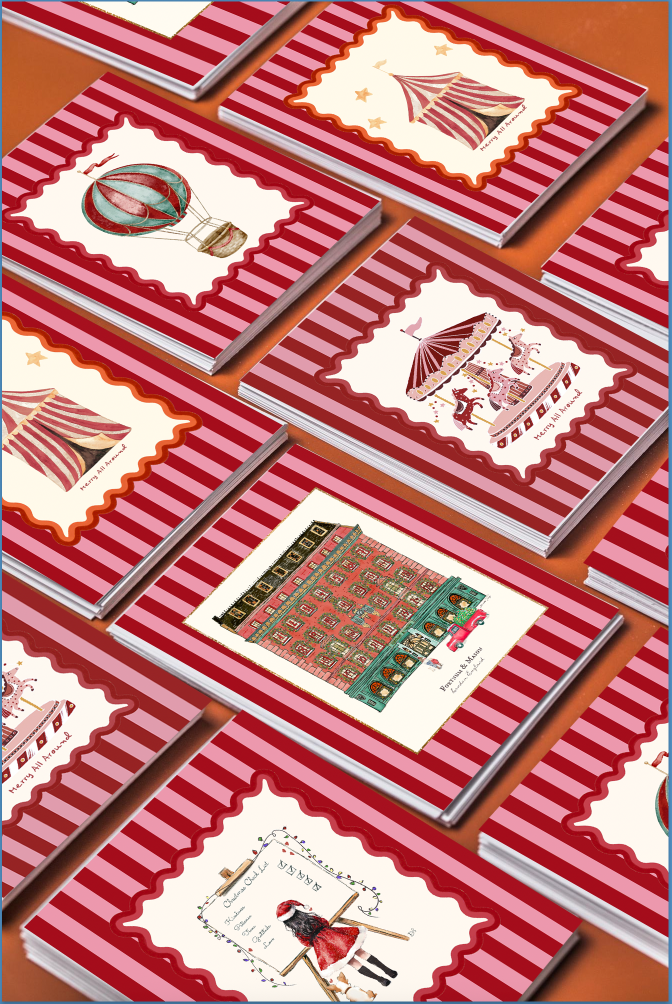 Curated Set of 5 Whimsical Christmas Cards, Holiday Greeting Cards