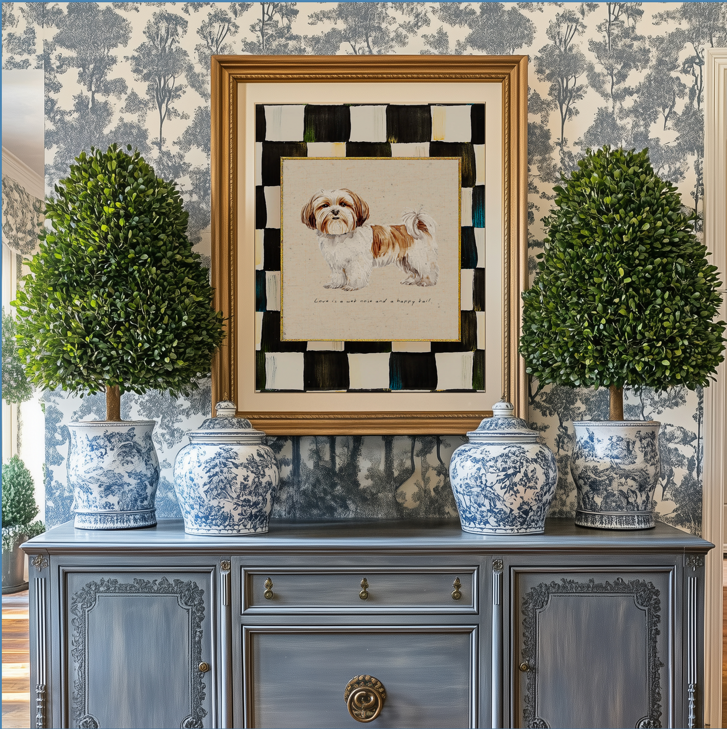 Shih Tzu Print, Black and White Check Wall Art, Shih Tzu Dog Illustration, Puppy Artwork