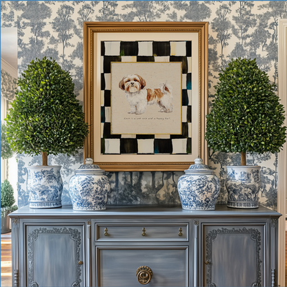 Shih Tzu Print, Black and White Check Wall Art, Shih Tzu Dog Illustration, Puppy Artwork