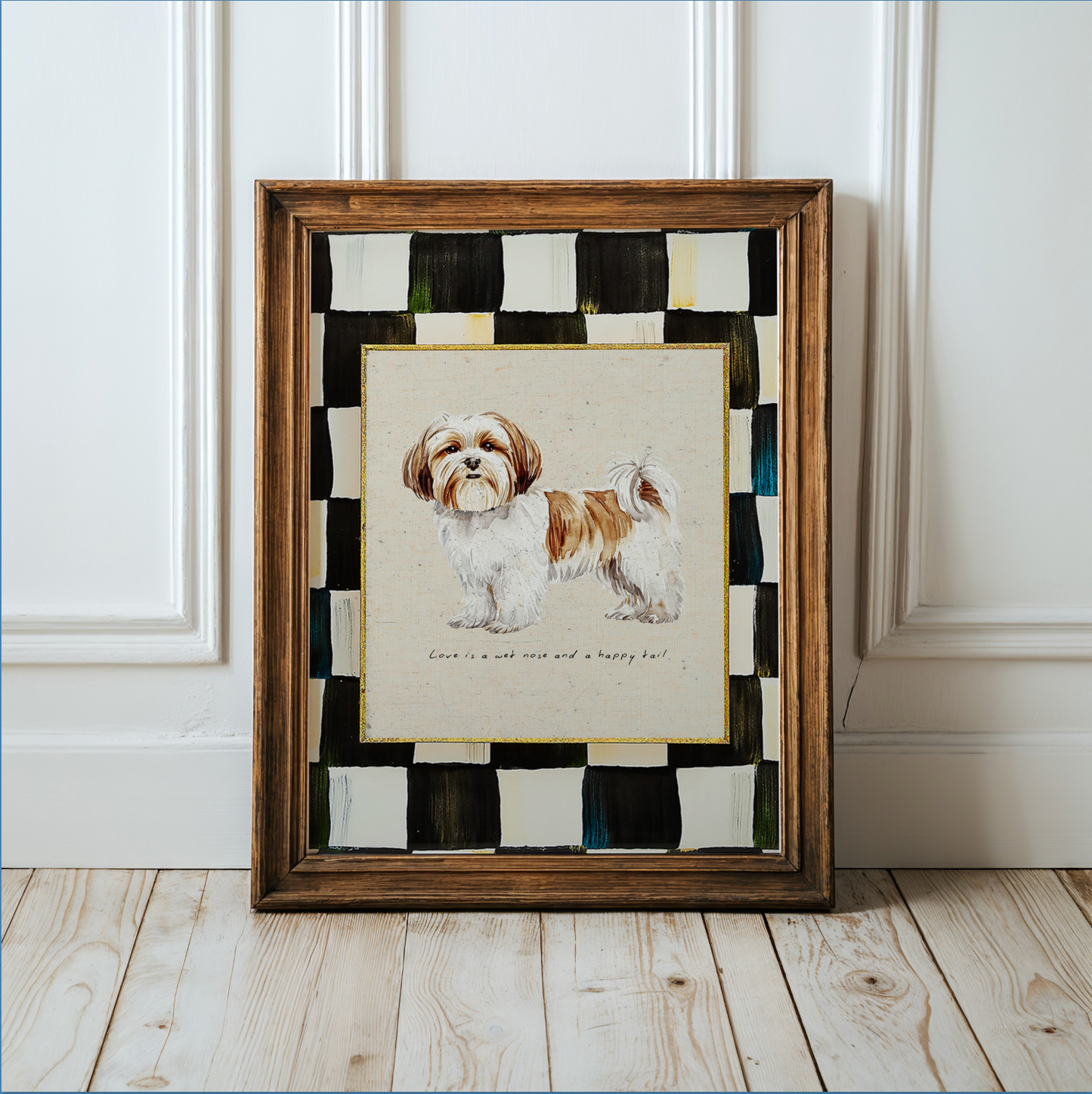 Shih Tzu Print, Black and White Check Wall Art, Shih Tzu Dog Illustration, Puppy Artwork