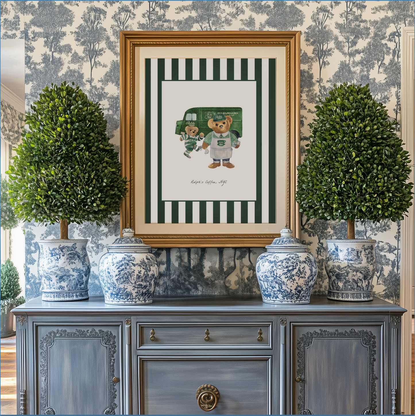 SET OF 2  Ralph's Coffee Bear Illustration Striped Wall Art  - LIMITED EDITION