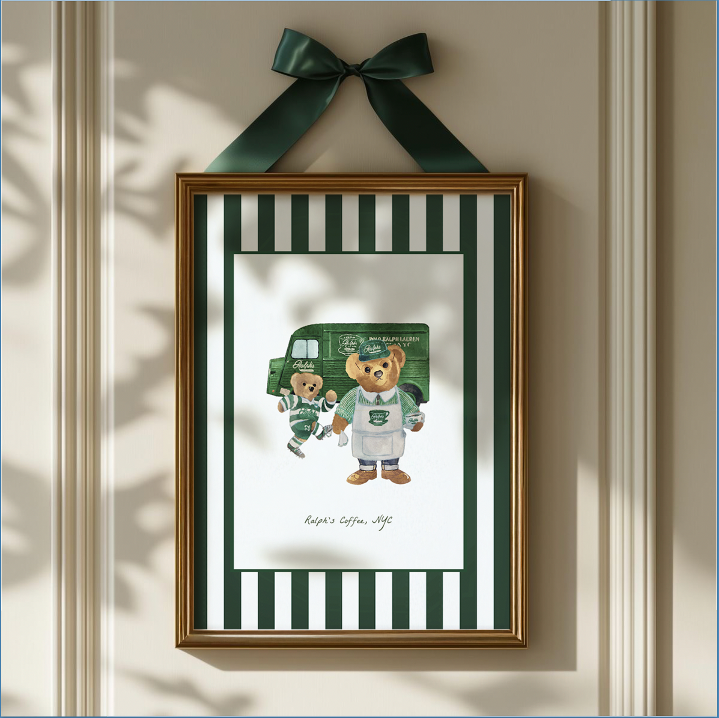 SET OF 2  Ralph's Coffee Bear Illustration Striped Wall Art  - LIMITED EDITION