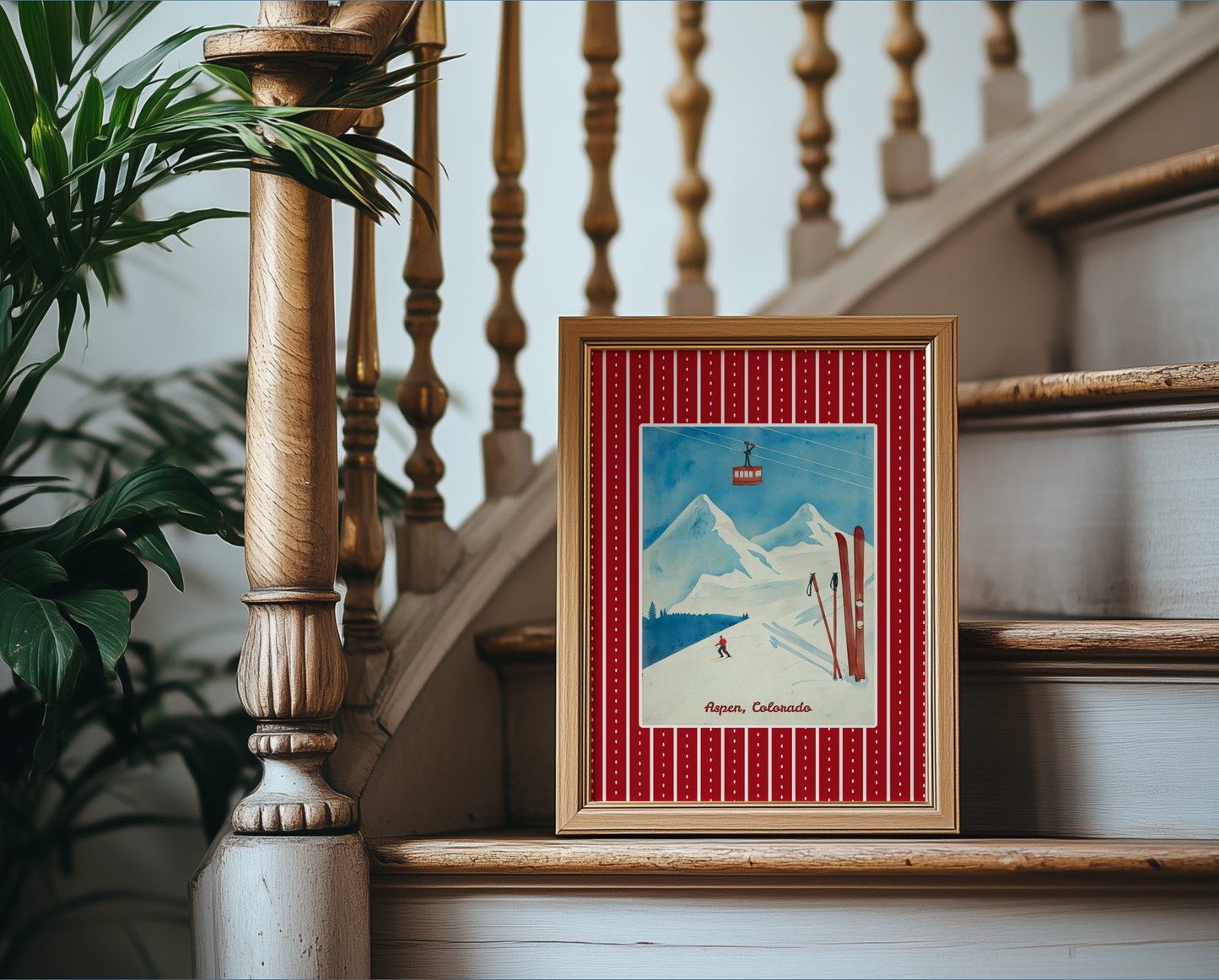 Aspen Ski Print, Colorado Winter Artwork, Vintage Watercolor Wall Art