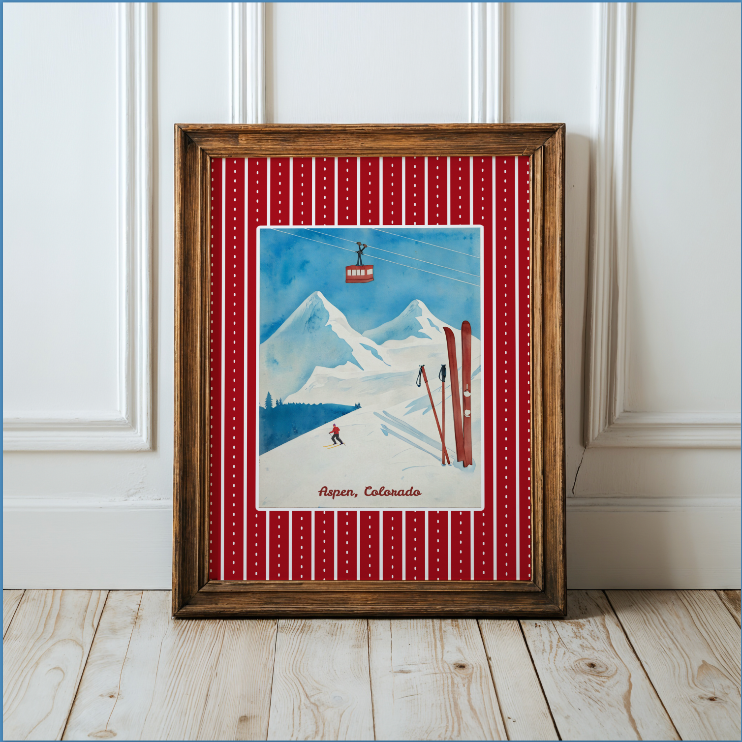 Aspen Ski Print, Colorado Winter Artwork, Vintage Watercolor Wall Art