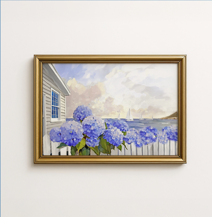 Nantucket Cottage Garden Blue Hydrangea Coastal Wall Art Nantucket Harbor Artwork