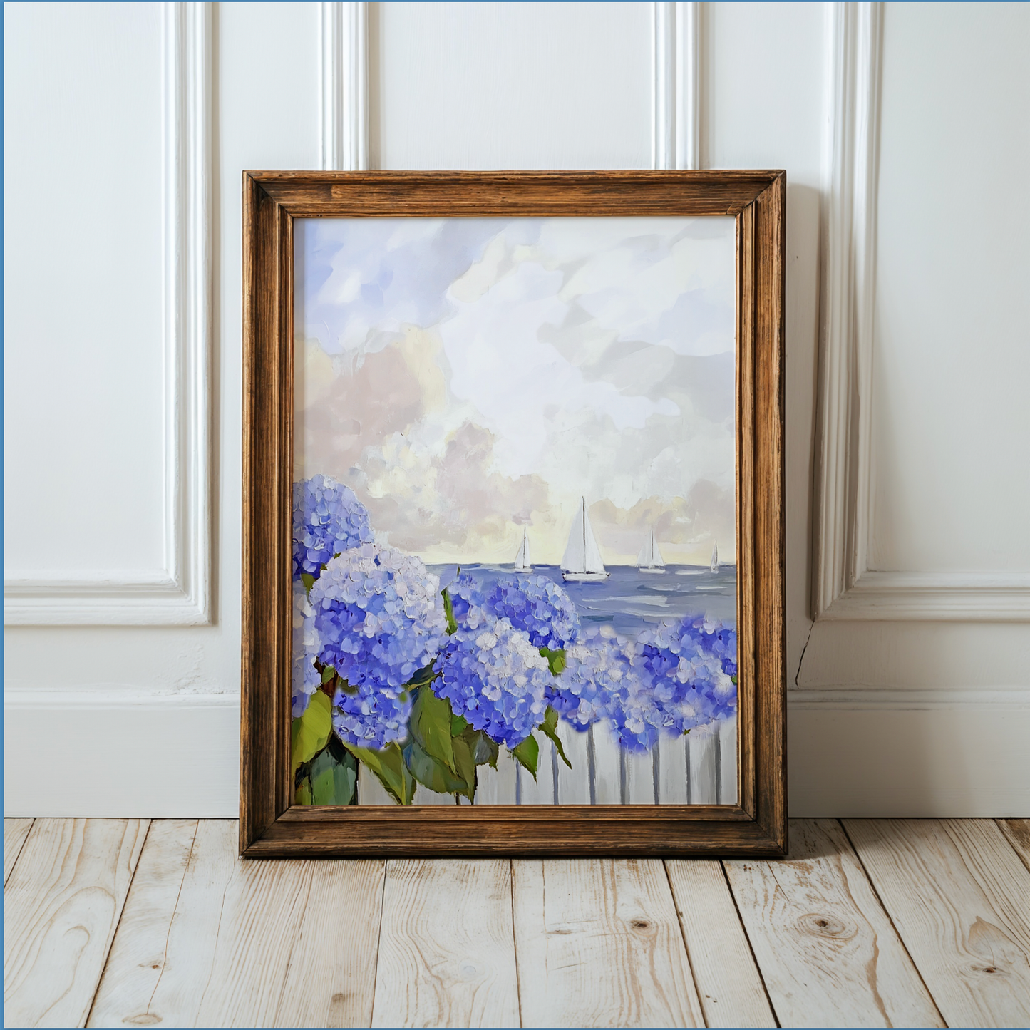 New England Coastal Garden Print, Blue Hydrangea Wall Art