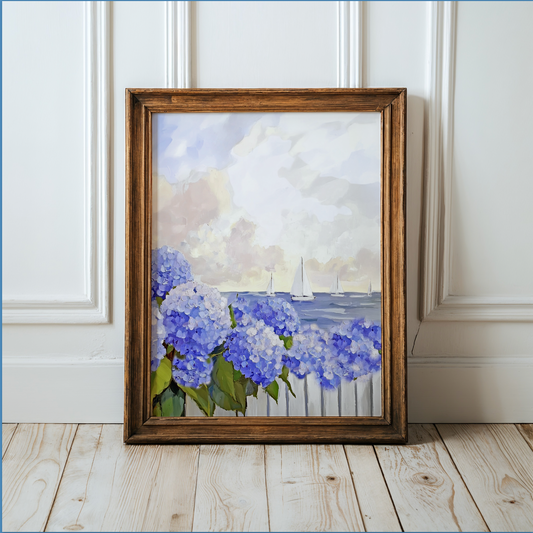 New England Coastal Garden Print, Blue Hydrangea Wall Art