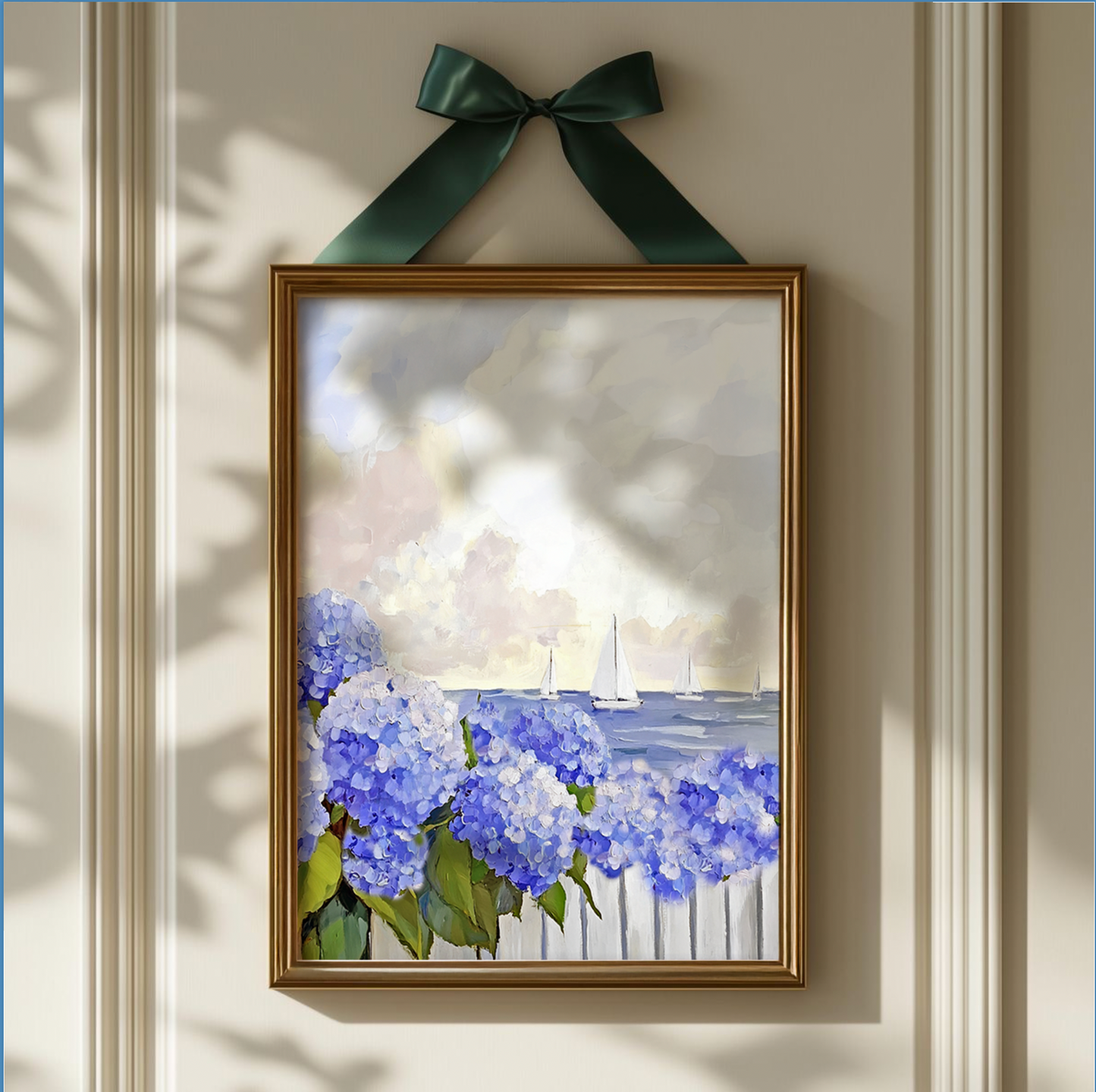 New England Coastal Garden Print, Blue Hydrangea Wall Art