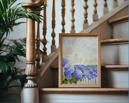 New England Coastal Garden Print, Blue Hydrangea Wall Art