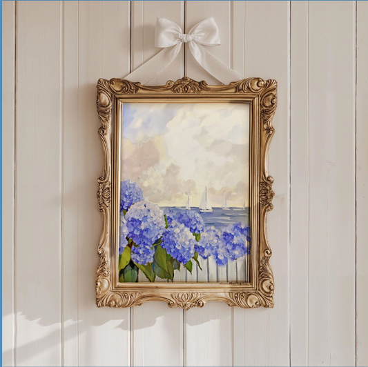 New England Coastal Garden Print, Blue Hydrangea Wall Art