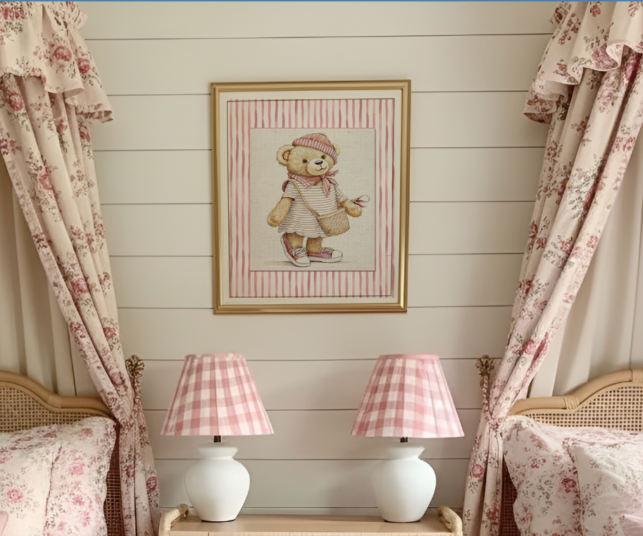 Hamptons Bear Girl  Pink Striped Print