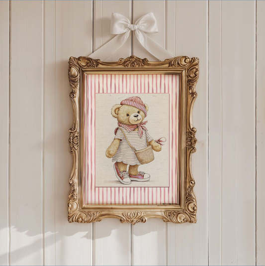Whimsical Bear Girl Illustration in Pink and White