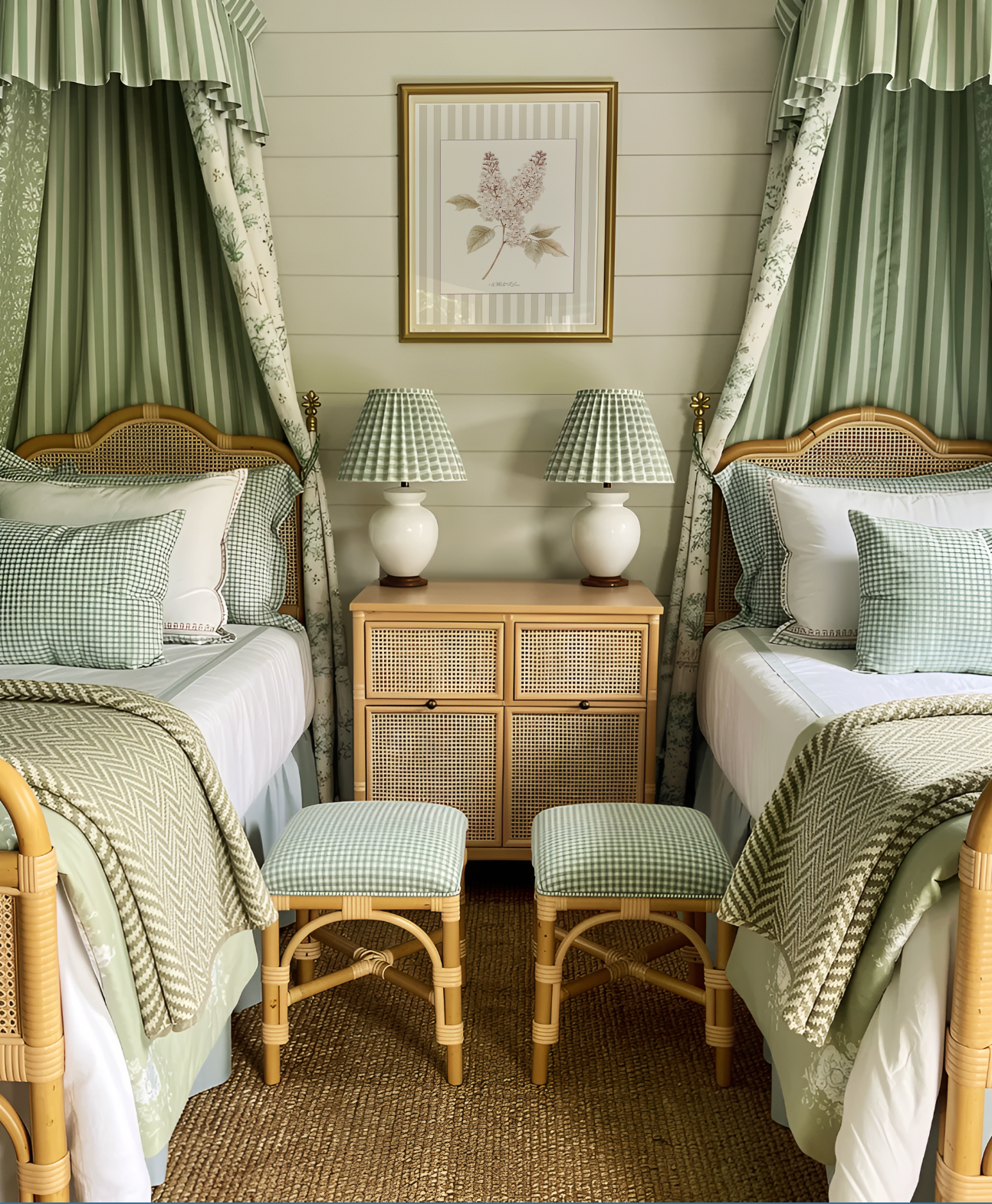 White Lilac Watercolor Print on Striped Background