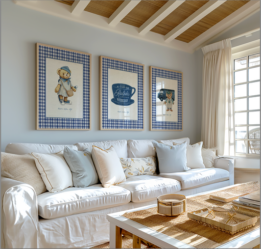 Gallery Set of 3 Ralph's Coffee Prints Denim Blue Artwork on Gingham Background Whimsical Bear Illustration
