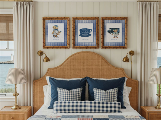 Gallery Set of 3 Ralph's Coffee Prints Denim Blue Artwork on Gingham Background Whimsical Bear Illustration