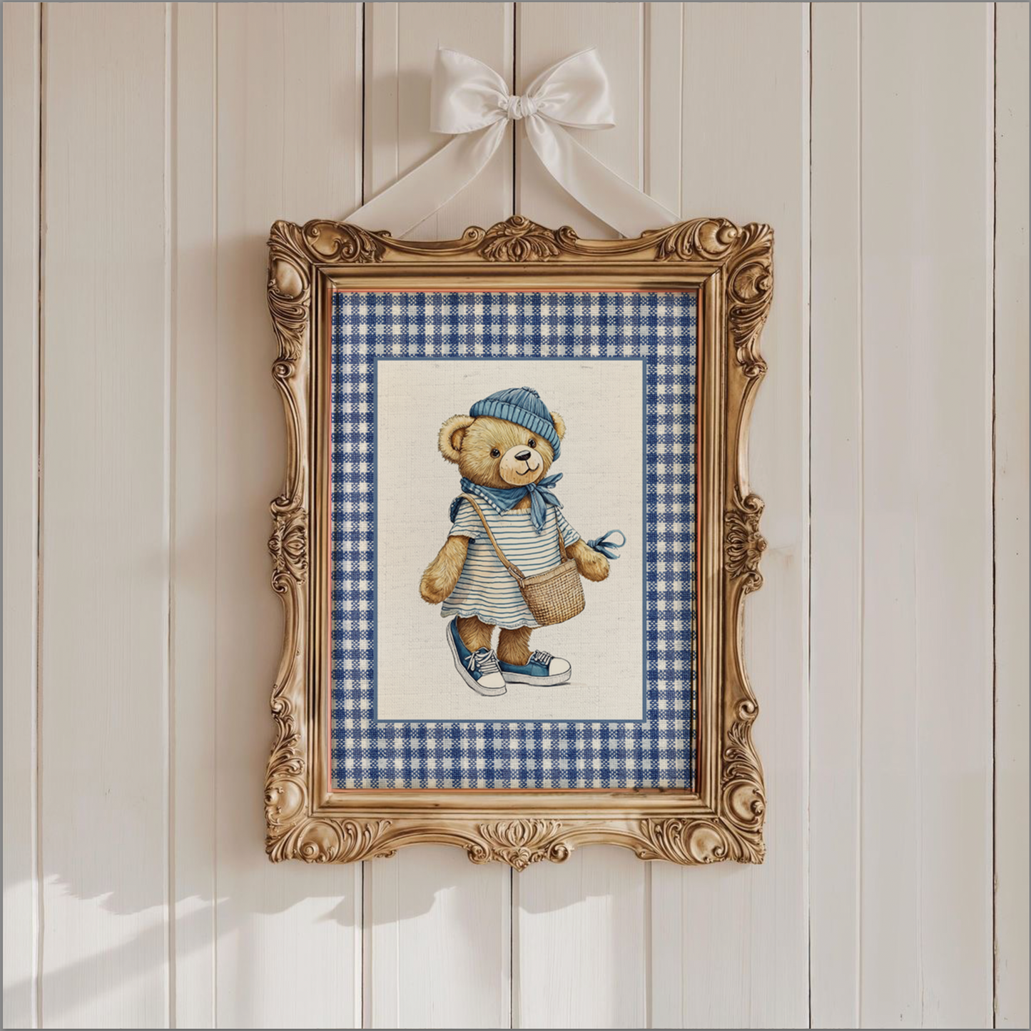 Bear Girl Nursery Artwork Kids Room Decor Gingham Wall Art Watercolor Artwork Whimsical Bear Wall Art Vintage Bear Artwork Preppy Print