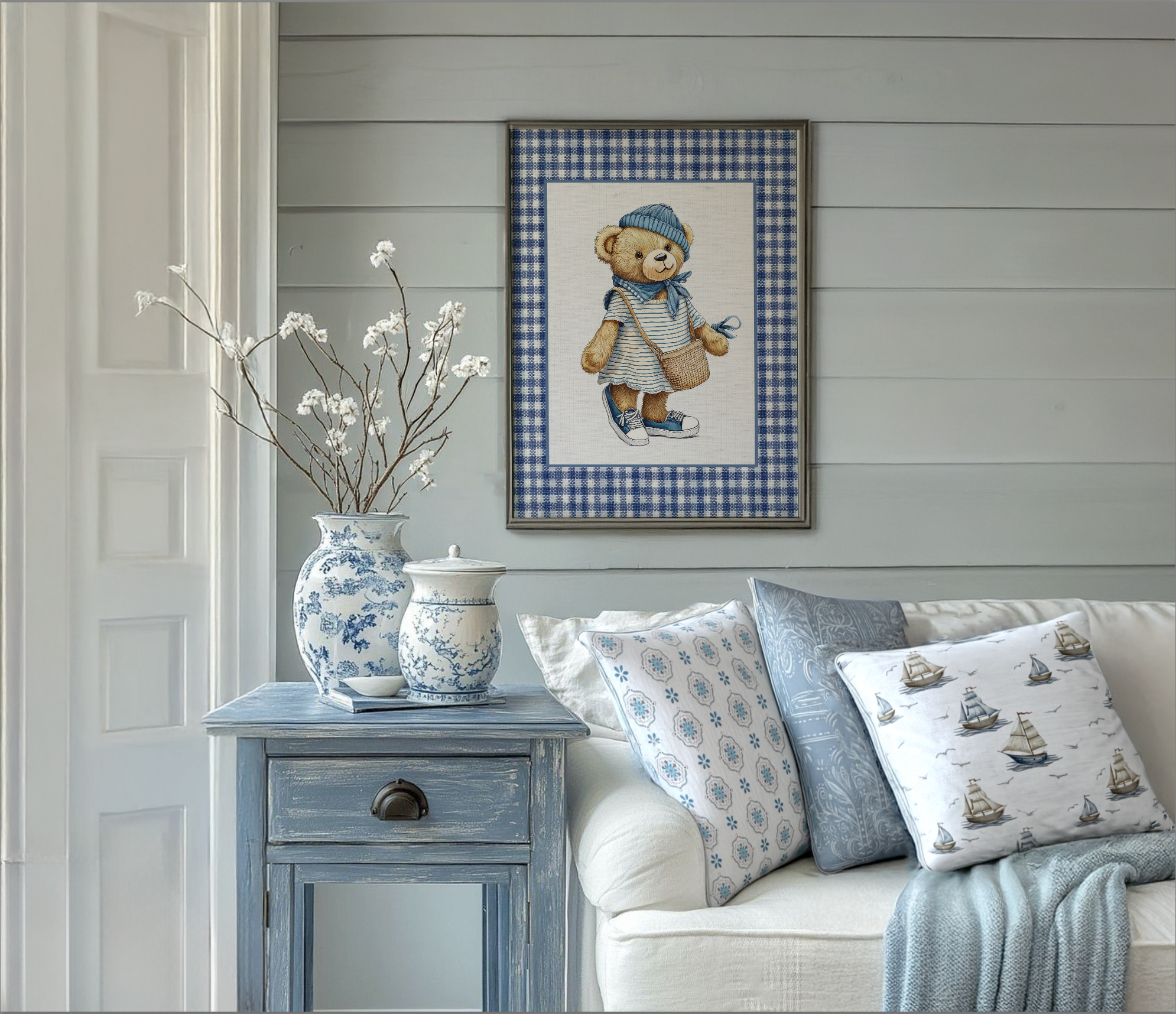 Bear Girl Nursery Artwork Kids Room Decor Gingham Wall Art Watercolor Artwork Whimsical Bear Wall Art Vintage Bear Artwork Preppy Print