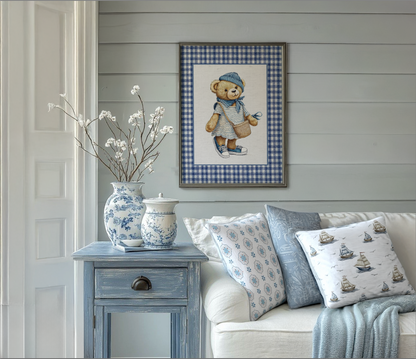 Bear Girl Nursery Artwork Kids Room Decor Gingham Wall Art Watercolor Artwork Whimsical Bear Wall Art Vintage Bear Artwork Preppy Print